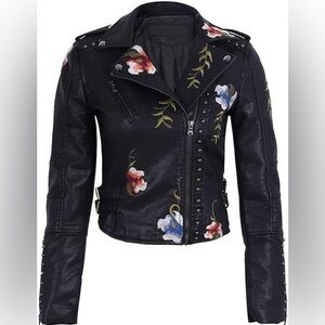 Black Floral Embroidered Studded Faux Leather Jacket Moto Bomber Jacket Coat New